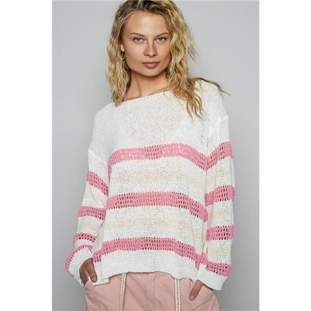 POL Striped Openwork Round Neck Knit Top